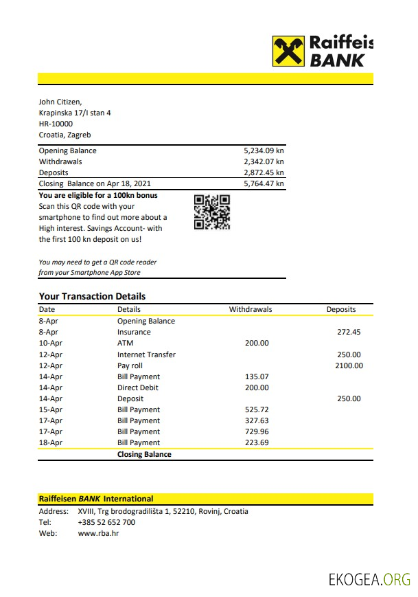 Relevé de la Banque Raiffeisen de Croatie, modèle facile à remplir au format de fichier .xls et .pdf